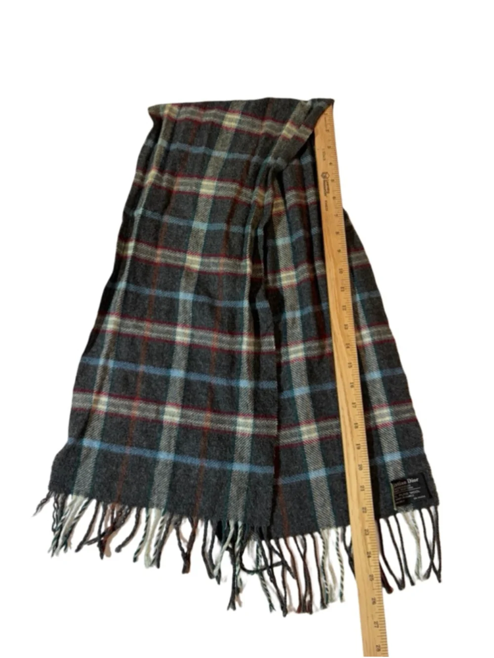 Vintage Christian Dior Monsieur Plaid Wool Scarf Made France Gray Tartan